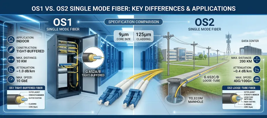OS1 vs OS2 Fiber: الاختلافات الرئيسية والتوهين والمسافة ودليل الاختيار