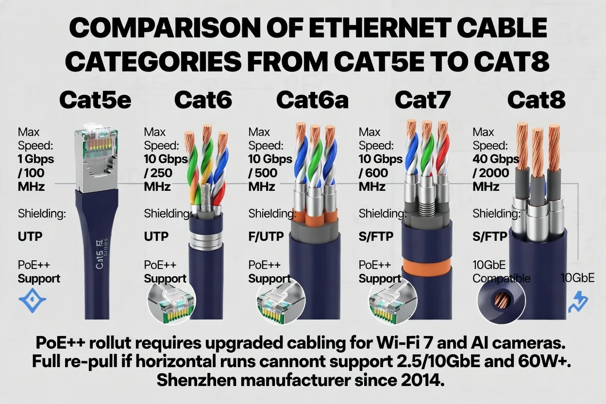Comparison of Ethernet cable categories from Cat5e to Cat8 showing internal twisted pairs, RJ45 connectors, and shielding designed for PoE++ devices and 10GbE uplinks